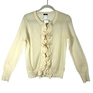 J. Crew NWT Semi-Sheer Ruffle Front Cream Crew Neck Cardigan Sweater Size Large